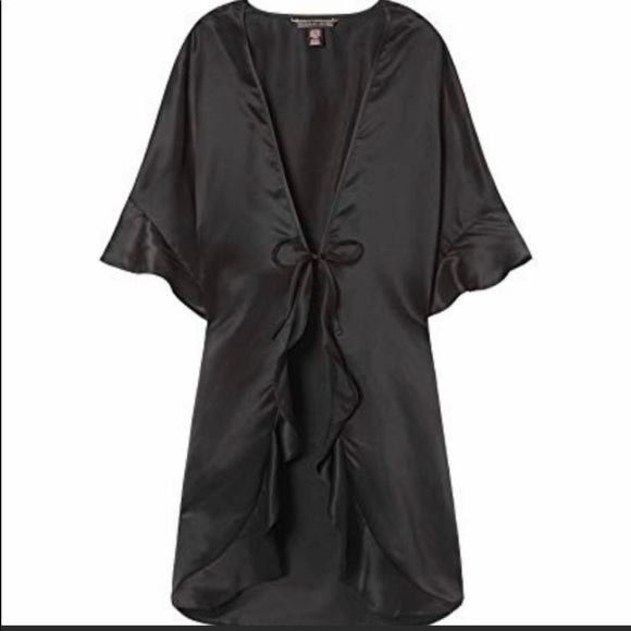 🔥SALE🔥VS Black Satin Ruffle Kimono Robe - Picture 2 of 10